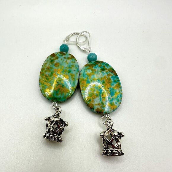 SALE! 3” dangle earrings with painted acrylic beads, stone, and crown charms! - Picture 1 of 13